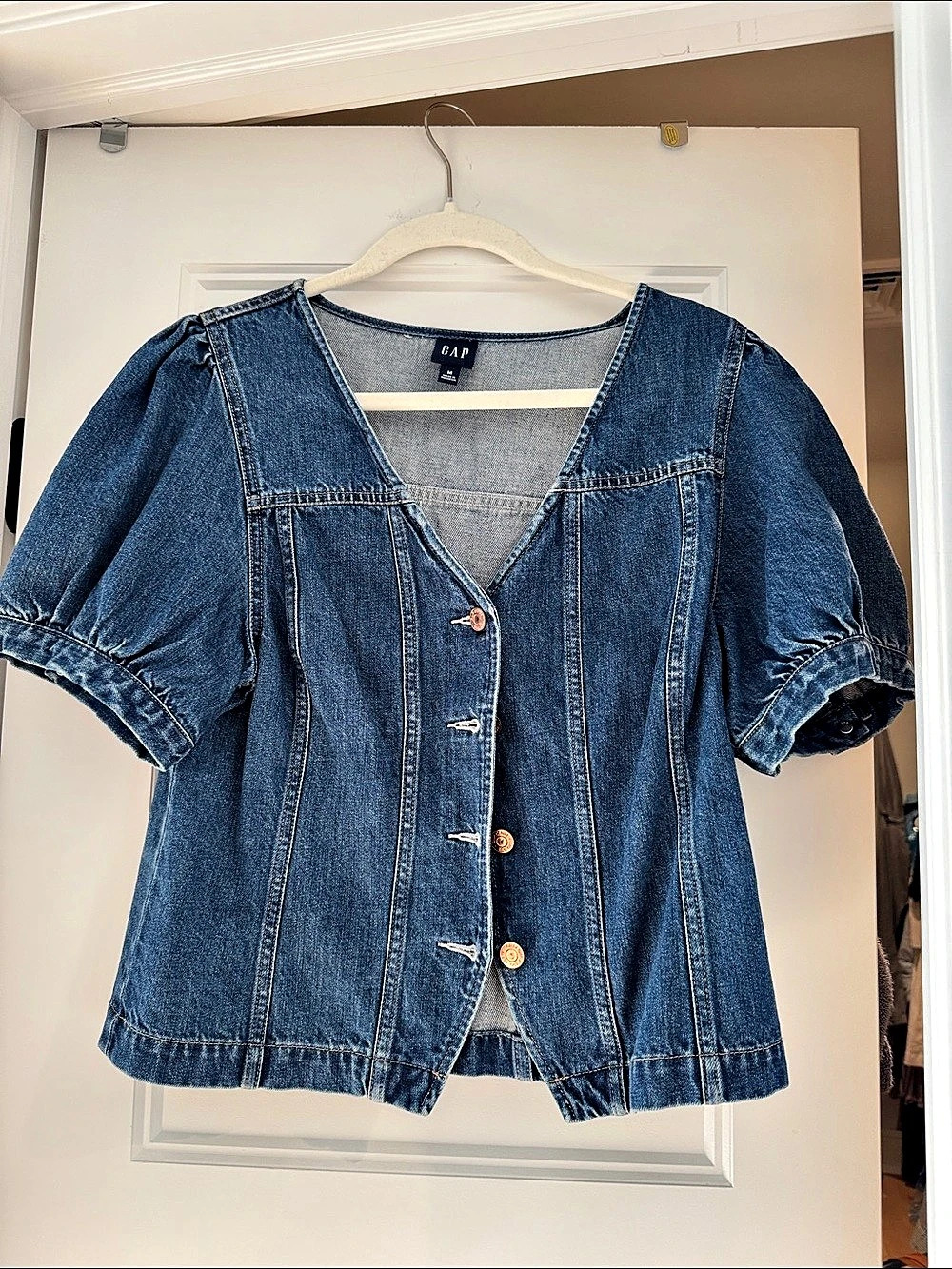 Gap Denim Puff-Sleeve Seamed Top Blue Size Medium